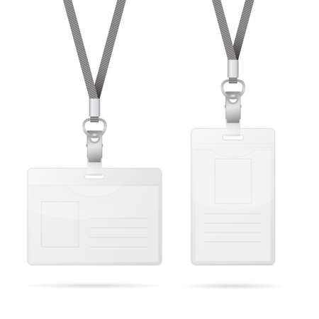 Lanyard with transparent empty vertical and horizontal tags badge holder isolated on white. Vector EPS10 illustration.のイラスト素材