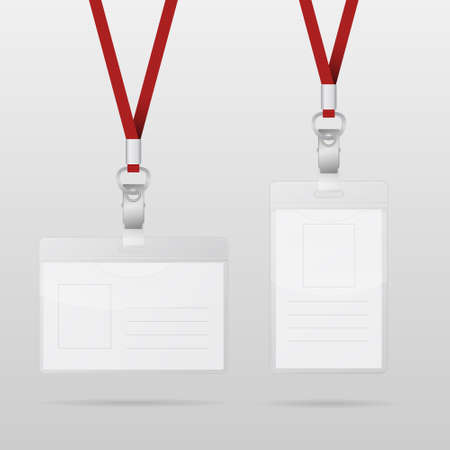 Two Realistic Plastic ID Horizontal And Vertical Badges With Red Lanyards. Vector EPS10 illustration.のイラスト素材