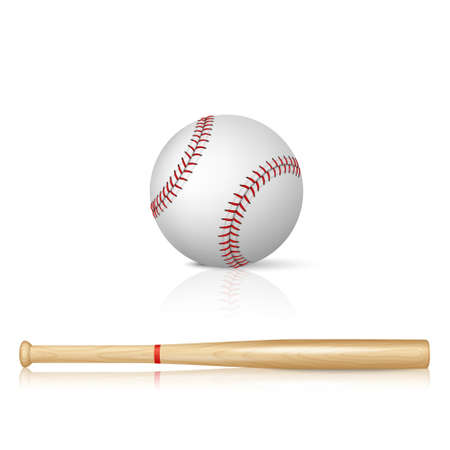 Realistic baseball bat and baseball with reflection on white backgroundのイラスト素材