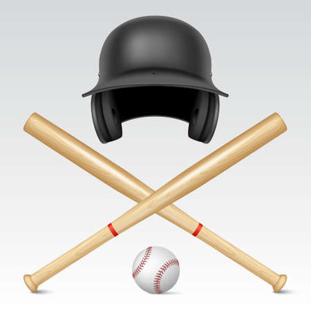 Set of realistic baseball equipment - helmet, baseball bats and baseball. Vector  illustration.のイラスト素材