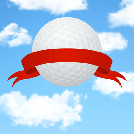 Golf background - 3d golf ball with a red ribbon into the blue sky. のイラスト素材