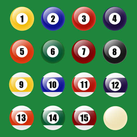 Colored Pool Balls. Numbers 1 to 15 and zero ball. Vector EPS10 illustration.のイラスト素材