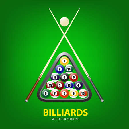 Background with billiards balls, triangle and two cues. Vector EPS10 illustration.のイラスト素材