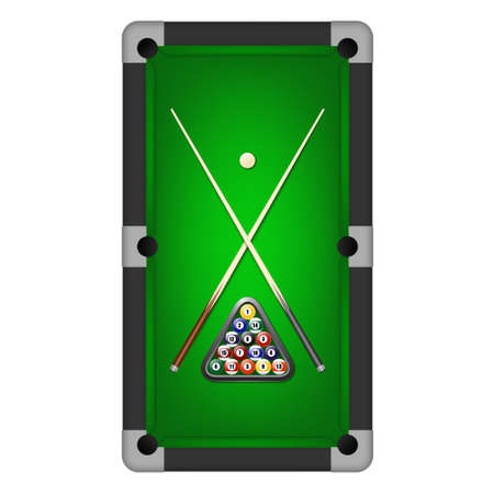 Billiards balls, triangle and two cues on a pool table. Vector EPS10 illustration.のイラスト素材