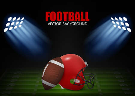 American football background - helmet and ball on the field,  illuminated by floodlights. Vector EPS10 illustration.のイラスト素材