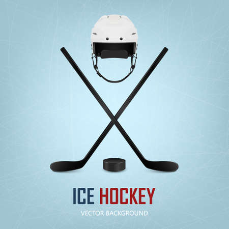 Ice hockey helmet, puck and crossed sticks on ice rink background. Vector EPS10 illustration.のイラスト素材