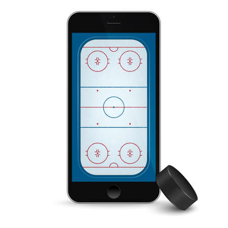 Black smartphone with ice hockey puck and field on the screen. Vector EPS10 illustration.のイラスト素材