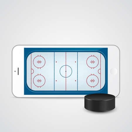 White smartphone with ice hockey puck and field on the screen. Vector EPS10 illustration.のイラスト素材