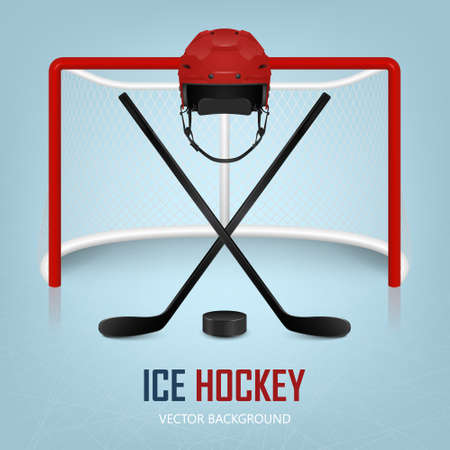 Ice hockey helmet, hockey puck, sticks and goal. Vector EPS10 background.のイラスト素材