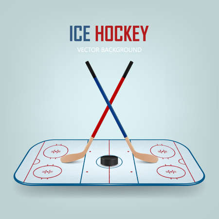 Ice hockey puck and crossed sticks on hockey field background. Vector EPS10 illustration.のイラスト素材