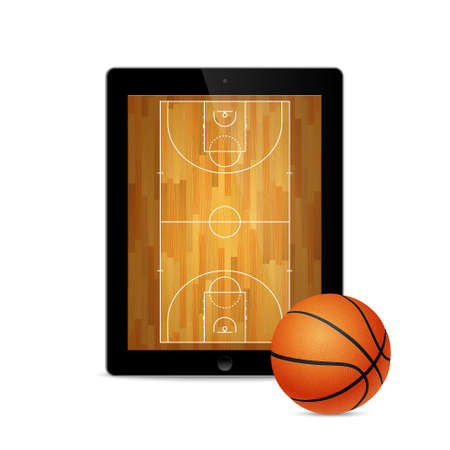 Black tablet with basketball ball and court on the screen. Vector EPS10 illustration.のイラスト素材