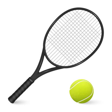 Black tennis racket and ball isolated on white background.   のイラスト素材
