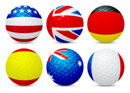Golf ball with flag of France, USA, Australia, UK, Spain and Germany, isolated on white background. Vector EPS10 illustration.のイラスト素材