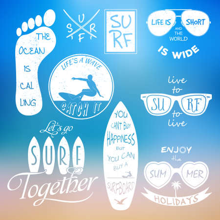 Surfer vector set. Vintage elements and labels. Grunge effect can be edited or removed. It can be used for printing on T-shirts.  のイラスト素材
