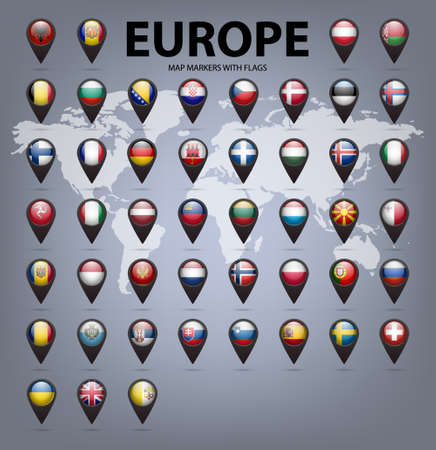 Black map markers with flags - Europe. Original colors.のイラスト素材