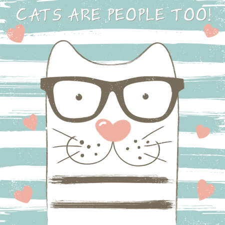 Cute cat with glasses. Grunge effect can be edited or removed.    のイラスト素材