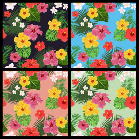 Set of tropical floral seamless patterns with flowers and leaves. Vector EPS8 illustration.のイラスト素材