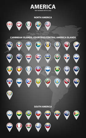 White map markers with flags - North and South America, Caribbean Islands, countries, Central America Islands.. のイラスト素材