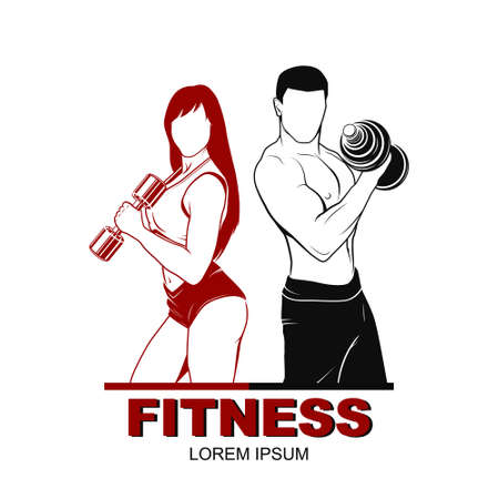 Beautiful fitness young sporty couple with dumbbells.のイラスト素材