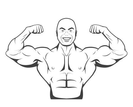 Strong bodybuilder man with perfect abs, shoulders, biceps, triceps and chest flexing his muscles. Monochrome vector illustration.のイラスト素材
