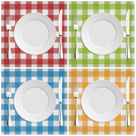 Empty plate with fork and knife at classic checkered tablecloth.のイラスト素材
