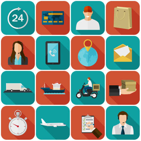 Set of flat color icons with long shadows. Concept for delivery service.   のイラスト素材