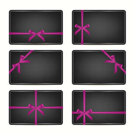 Set of realistic black gift cards with pink ribbons and silver frame. Vector EPS10 illustration.のイラスト素材