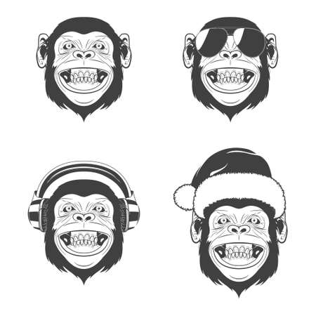 Set of monkey heads. Monochrome icons isolated on white background. Vector   illustration.のイラスト素材