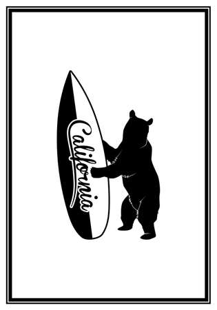 California bear holding a surfboard - typographical Background. Vector EPS8 illustration.のイラスト素材