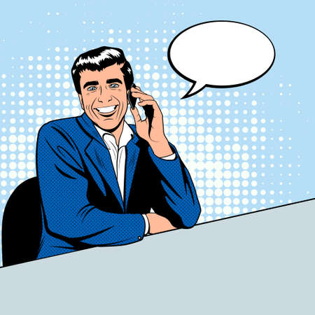 Businessman speaking by phone in the pop art comics style. Vector EPS10 illustration.のイラスト素材
