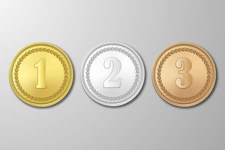 Gold, silver and bronze award medals set on gray background. The first, second, third prizes. The first, second, third prizes.Vector EPS10 illustration.のイラスト素材