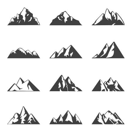 Mountain set. Simple black and white icons or design templates. Travel, hiking, camping theme.のイラスト素材