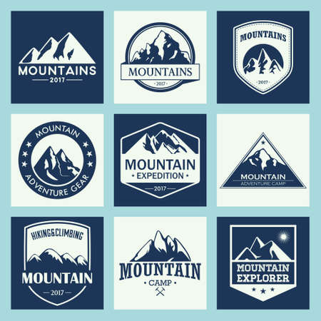 Mountain travel, outdoor adventures set. Hiking and climbing labels or icons for tourism organisations, events, camping leisure.のイラスト素材