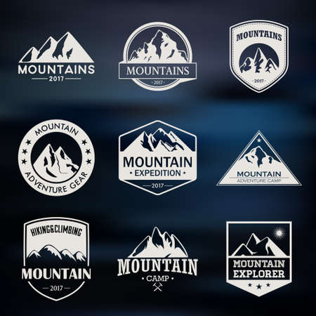 Mountain travel, outdoor adventures  set. Hiking and climbing labels or icons for tourism organisations, events, camping leisure.のイラスト素材