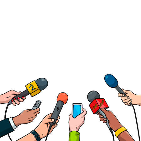 Journalism concept vector illustration in pop art comic style. Set of hands holding microphones and voice recorders. Hot news template, isolated on white background.のイラスト素材