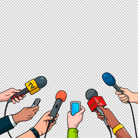 Journalism concept illustration in pop art comic style. Set of hands holding microphones and voice recorders. Hot news template.のイラスト素材