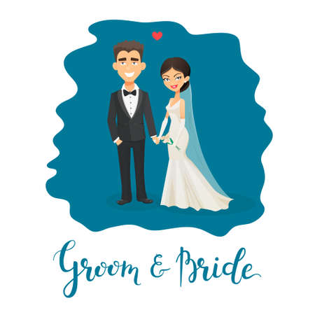 Vector cartoon bride and groom illustration. This item can be used for greeting cards, invitations, banners, gifts, prints and posters etc.のイラスト素材