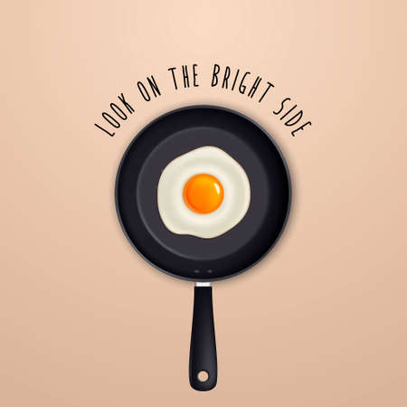 Look on the bright side - background with quote and fried egg on a black pan illustration.のイラスト素材
