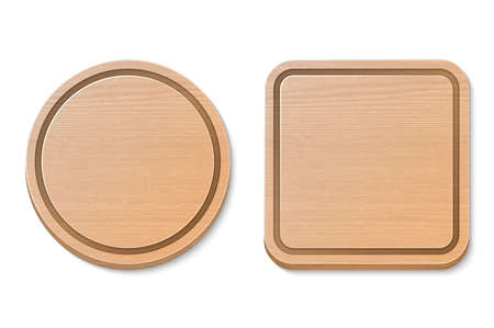 Vector wooden brown cutting board set isolated on white background. Realistic illustration. Round and square.のイラスト素材