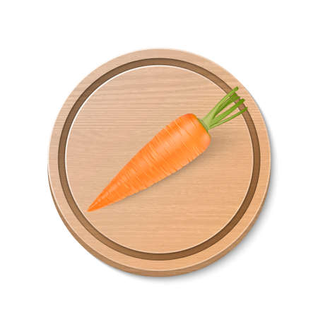 Realistic vector carrot on wooden brown cutting board isolated on white background. Design template.のイラスト素材