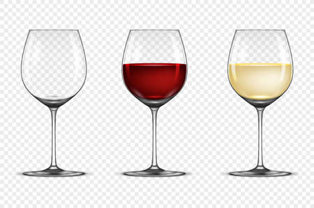 Vector realistic wineglass icon set - empty, with white and red wine, isolated on transparent background. Design template in EPS10.のイラスト素材