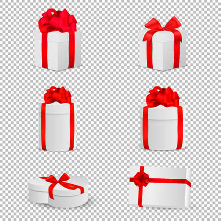 Vector white gift box with red bow set isolated on transparent background. Design template in EPS10.のイラスト素材