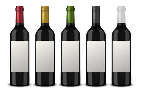 Set 5 realistic vector black bottles of wine without labels isolated on white background. Design template in EPS10.のイラスト素材