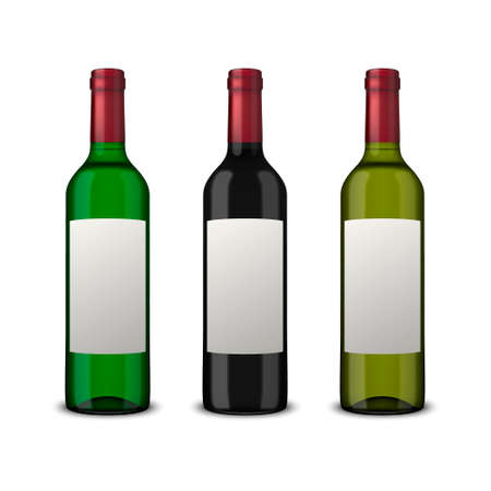 Set 3 realistic vector bottles of wine with blank labels isolated on white background. Design template in EPS10.のイラスト素材