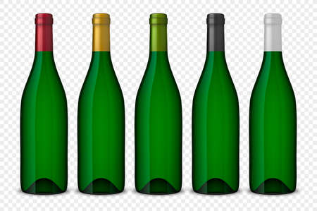 Set 5 realistic vector green bottles of wine without labels isolated on transparent background. Design template in EPS10.のイラスト素材