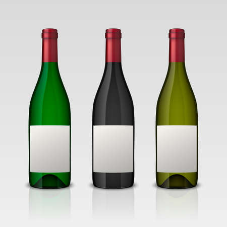 Set of 3 realistic vector wine bottles with blank labels isolated on white background. Design template in EPS10.のイラスト素材
