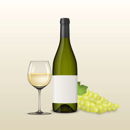 Vector realistic grapes brunch, wine glass and bottle of white wine illustartion. Design template in EPS10.のイラスト素材