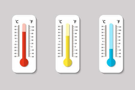 Vector icons of Celsius and Fahrenheit meteorology thermometers measuring heat, normal and cold in flat style. Design template in EPS10.のイラスト素材