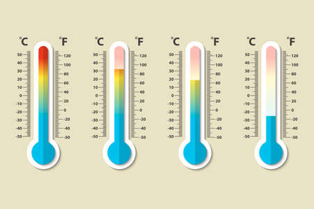 Vector icons of Celsius and Fahrenheit meteorology thermometers measuring heat, normal and cold in...