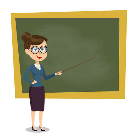 Vector cartoon smiling female teacher with pointer on lesson at blackboard in classroom, showing on board. Design template, EPS10 illustration.のイラスト素材